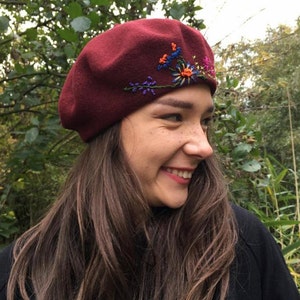 Grey beret,unique hand embroidered beret, grey French wool beret, hand stitched flowers,embroidered woman,ladies,girl hat,Christmas gift Burgundy