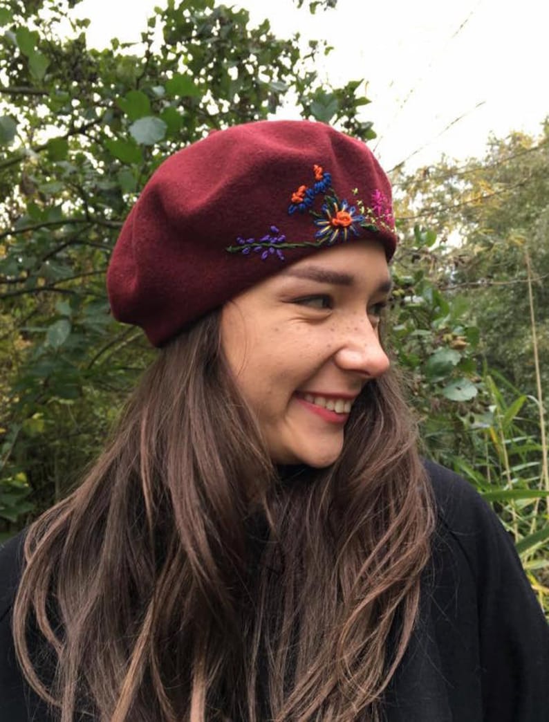 Grey beret,unique hand embroidered beret, grey French wool beret, hand stitched flowers,embroidered woman,ladies,girl hat,Christmas gift Burgundy