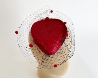 Red heart fascinator,scarlet red velvet small hat, shimmering red velvet heart,shiny red fascinator with black veil, red and black small hat