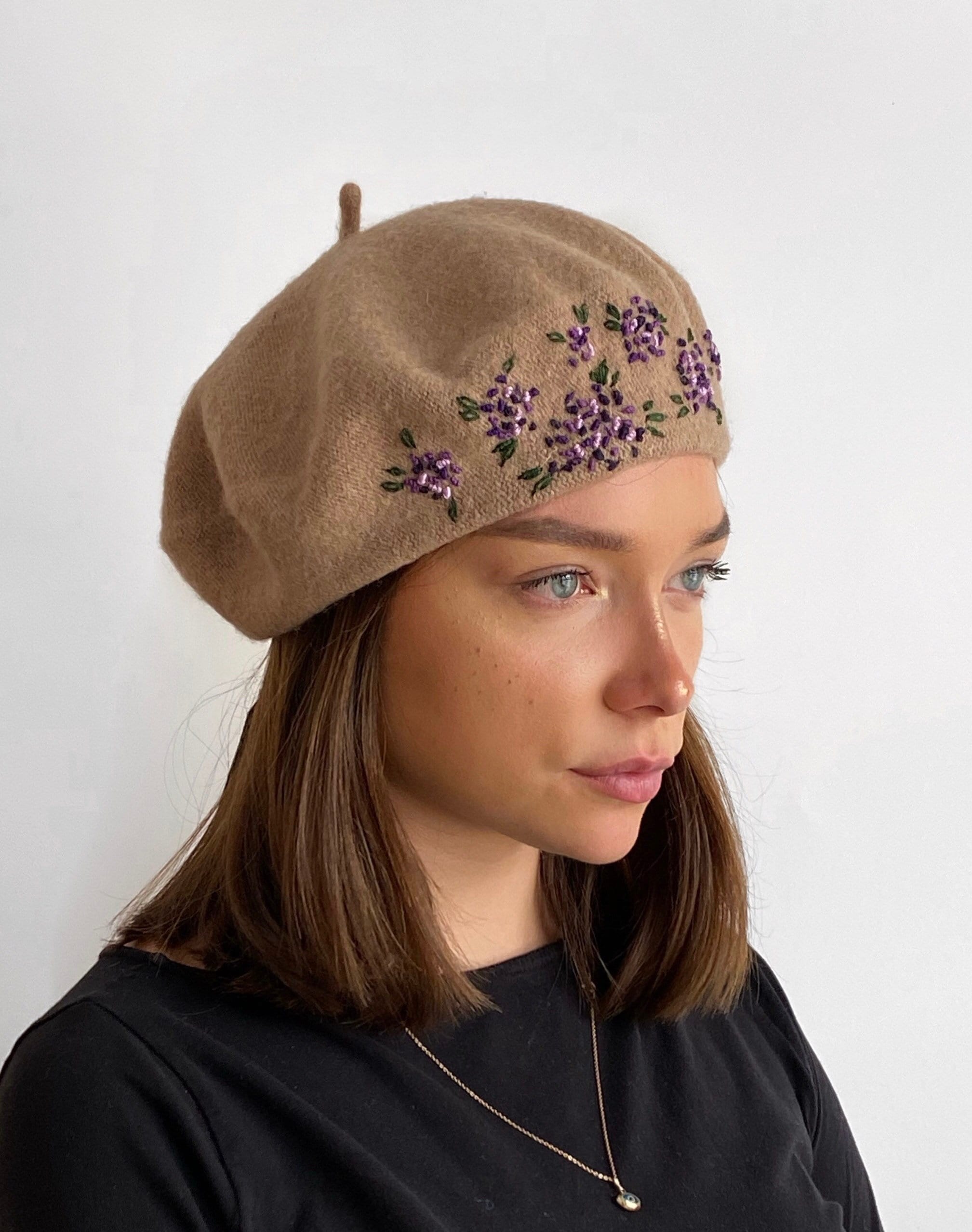 Hand Embroidered Beretcamel French Wool 