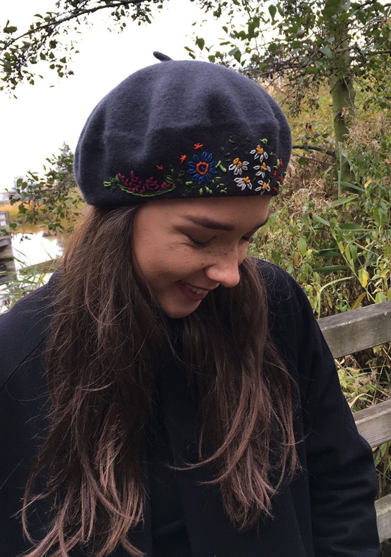 Grey beret,unique hand embroidered beret, grey French wool beret, hand stitched flowers,embroidered woman,ladies,girl hat,Christmas gift image 2