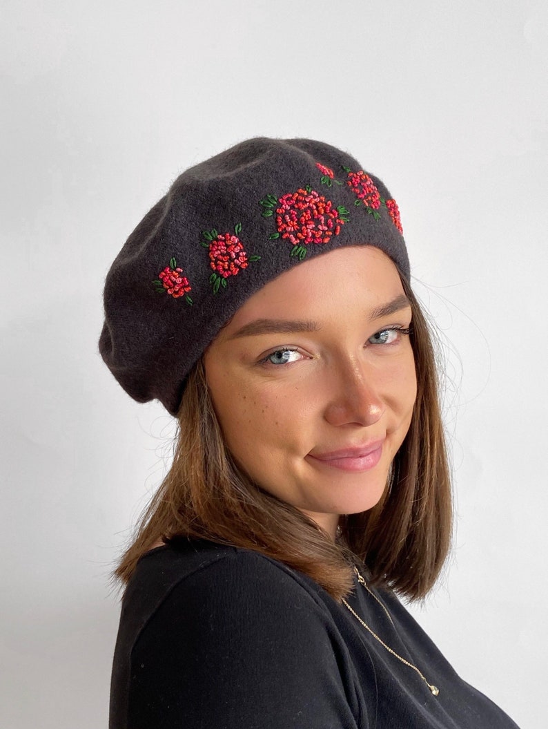 Grey beret,unique hand embroidered beret, grey French wool beret, hand stitched flowers,embroidered woman,ladies,girl hat,Christmas gift Grey/red