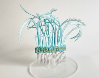 Light blue feather hair comb, turquoise hairpin,bridemaid’s fascinator,turquoise, gold fascinator,20's hair accessory,feather fascinator,
