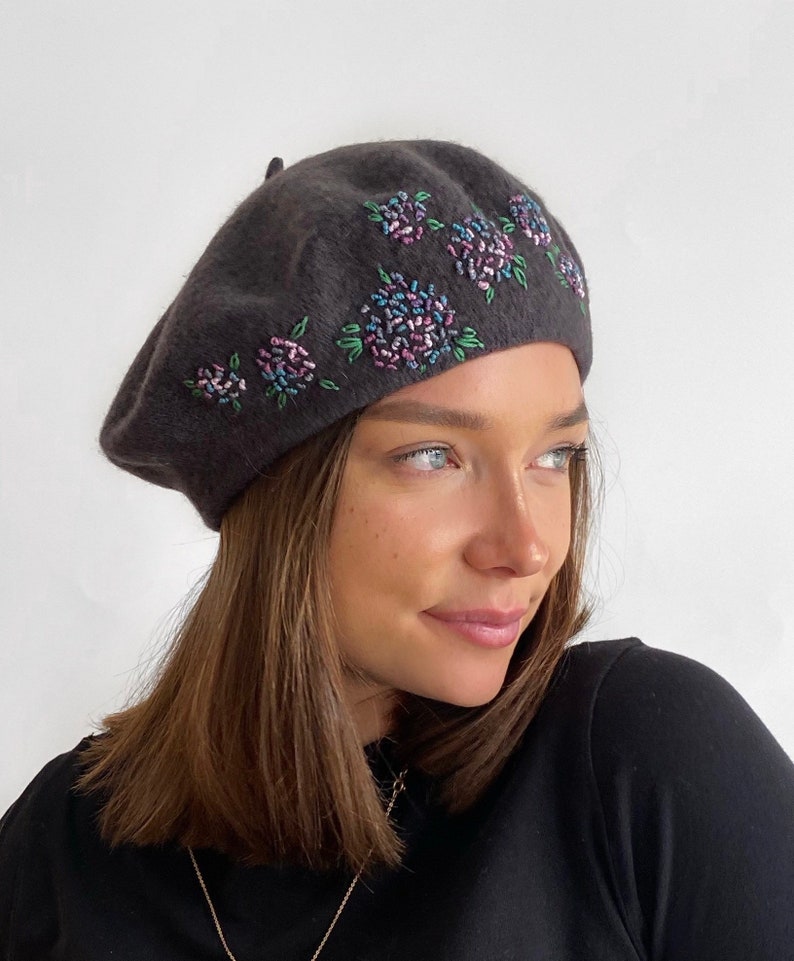 Grey beret,unique hand embroidered beret, grey French wool beret, hand stitched flowers,embroidered woman,ladies,girl hat,Christmas gift Grey/Lilac-blue