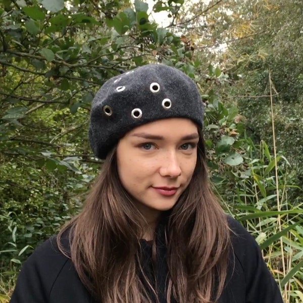 Grey beret with eyelets,French wool beret,soft women beret,unique girl hat,silver trimming,metal eyelets,soft light grey wool beret.