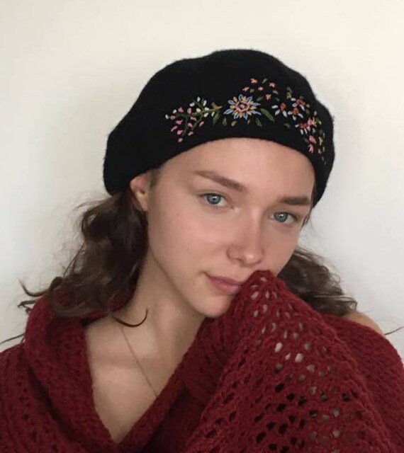 Hand Embroidered Beretblack French Wool 