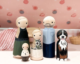 Custom Family Peg Dolls – Personalized Hand Painted Wooden Dolls, Peg Portrait Keepsake, Pegsqueaks