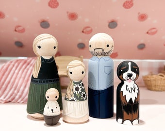 Custom Family Peg Dolls-DETAILED- PegSqueaks-peg portrait- dollhouse