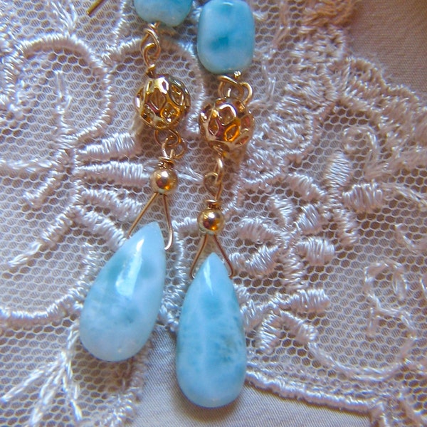 Dominican Republic Genuine Larimar Beaded Earrings with Gold Filled Earwires and Gold Filled Decorative Beads
