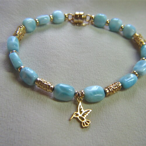 Genuine hotsell Dominican Republic Larimar Beaded Bracelet with Larimar Beads and Gold Filled Decorative Beads and Small Gold filled Bird Charm