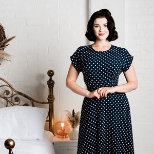 1940s Vintage Inspired Teadress,navy and White Polkadot Print. Made to ...