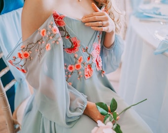 Blossom dusky blue corset dress/ evening dress / wedding dress / floral dress