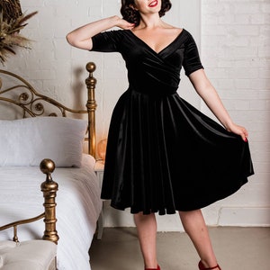 Black velour cocktail dress, edge of the shoulder, full circle skirt vintage 50's style party dress, bridesmaid dress