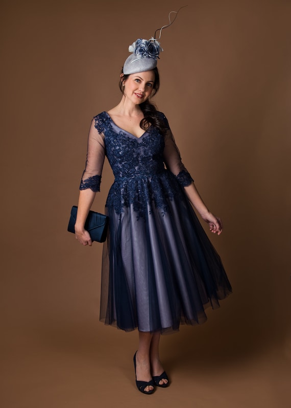 Navy and lavender tulle and lace full circle 1950s style special occasion dress, wedding dress, mother of the bride outfit, prom dress