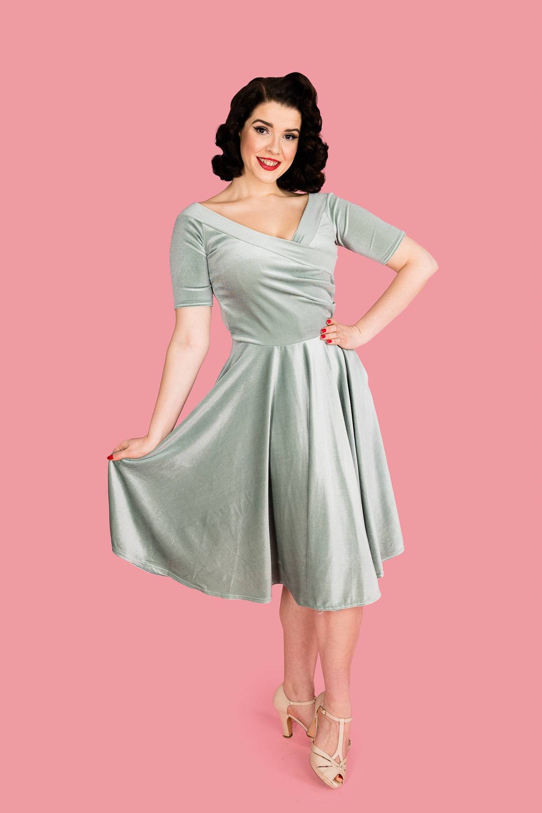 Sage Green Velvet Party Dress, Edge of the Shoulder, Full Circle Skirt