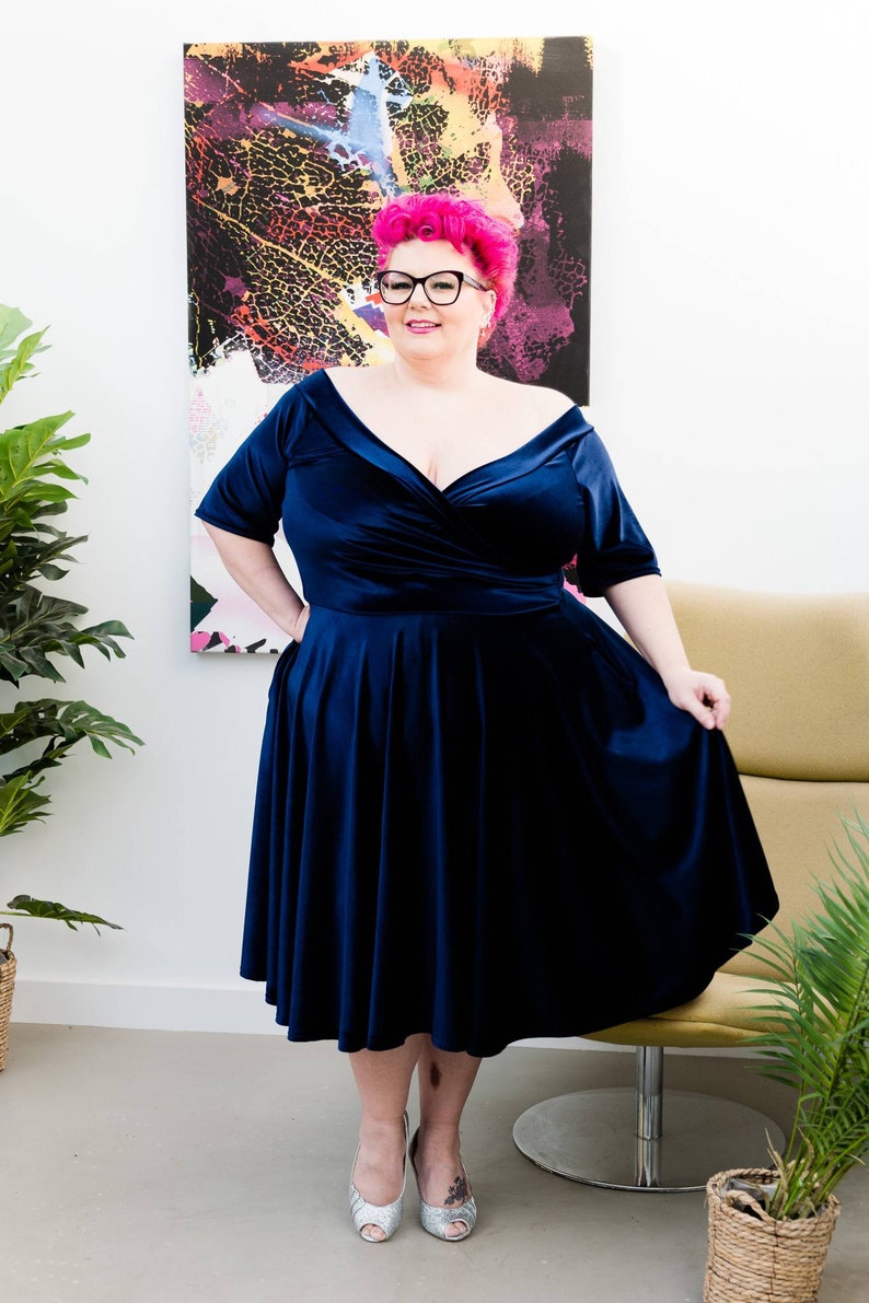 Plus Size Pin Up Dresses | Plus Size Rockabilly Dresses     Navy velour cocktail dress edge of the shoulder full circle skirt vintage 50s style party dress bridesmaid dress  AT vintagedancer.com