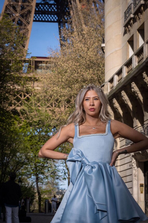 Dusky Blue Pearl mini wedding dress/ bridal/ reception dress/ hen party dress/ prom dress/ engagement dress with large bow and full skirt. Dusky Blue Pearl mini wedding dress/ bridal/ reception dress/ hen party dress/ prom dress/ engagement dress with large bow and full skirt.
