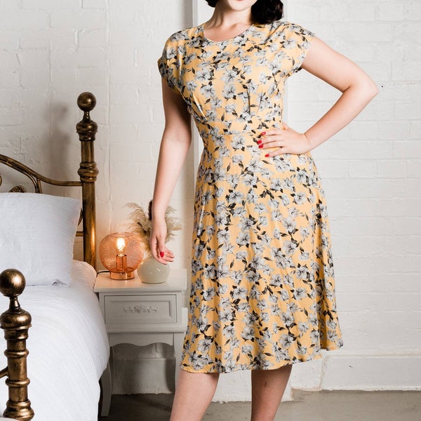 1940s vintage inspired teadress, golden yellow with grey floral viscose Lady McElroy print. Made to order.
