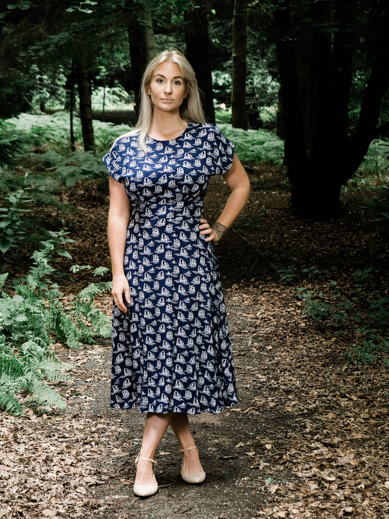 1940s Fashion Advice for Tall Women 1940s vintage inspired teadress navy sailing ships. Made to order in size. $115.89 AT vintagedancer.com