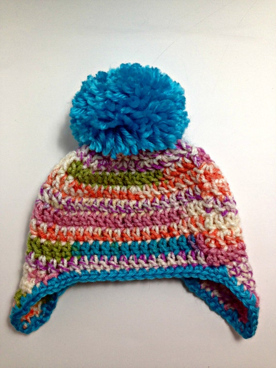 Items similar to Crochet Baby Earflap Hat with Pom; Crochet Toddler