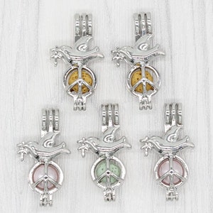 5pcs Cute Peace Symbol Dove Oyster Pearl Cage Pendant, Dull Silver Bead Cage Locket, Aromatherapy Perfume Diffuser Locket DIY Jewelry Charms