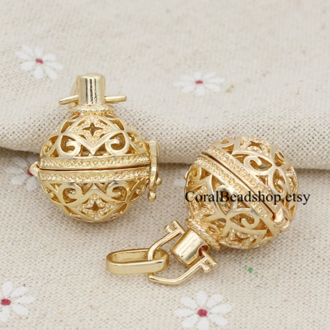 2pcs Gold Color Openable Flower Cage Locket Pendant Aromatherapy Charms ...