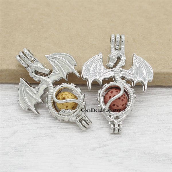 5pcs Flying Dragon Locket Dull Silver Bead Pearl Cage Pendant Aromatherapy Perfume Diffuser Locket Charms-AL007