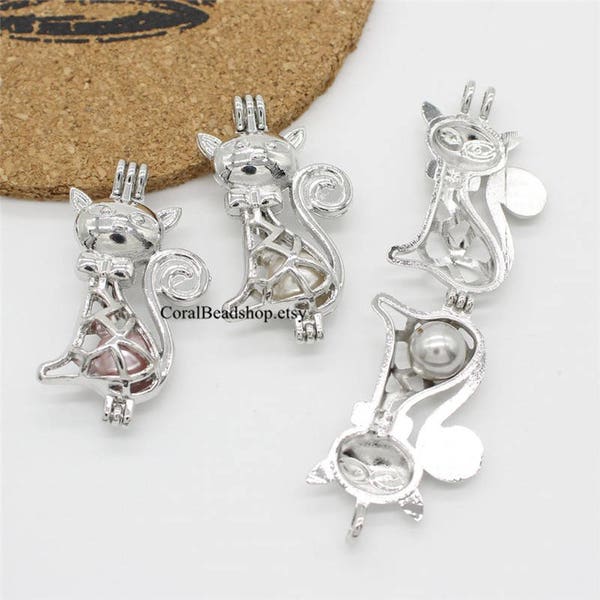 5pcs Openable Cute Cat Locket Double sided Dull Silver Rock Lava Bead Pearl Cage Pendant Aromatherapy Perfume Diffuser Locket Charms-AL138