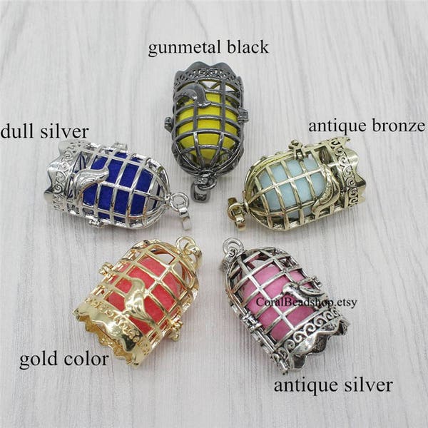 x0063-Mixed Item 5pcs Copper Bird Cage Charms Diffuser Locket Pendant Essential Oil Diffuser Aromatherapy Necklace