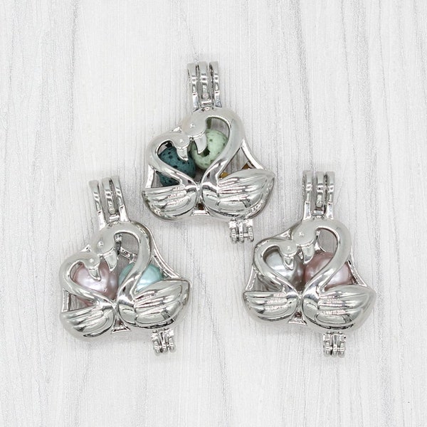 5pcs Dull Silver Openable Love Swan Hollow Locket Rock Lava Bead Pearl Cage Pendant Aroma Perfume Diffuser Locket Charms for DIY Making