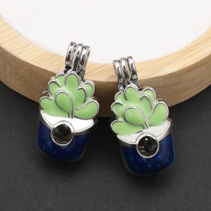May include: Two silver charm pendants with a blue and white pot design and a green succulent plant. The charms are perfect for adding a touch of nature to jewelry.