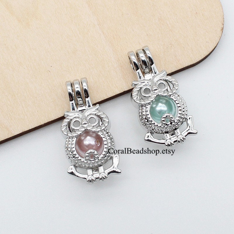 5pcs Openable Cute Mini Owl Oyster Pearl Cage Pendant Dull Silver Plated Bead Cage Locket Aromathera
