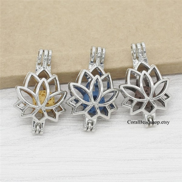 5pcs Lotus Flower Locket Dull Silver Bead Pearl Cage Pendant Aromatherapy Perfume Diffuser Locket Charms-AL022