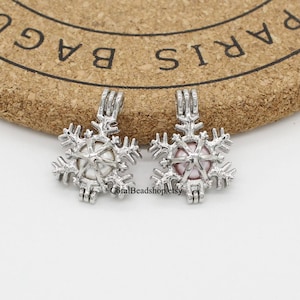 5pcs Christmas Snowflake Winter Hollow Locket Dull Silver Lava Bead Pearl Cage Pendant Aromatherapy Perfume Diffuser Locket Charms-AL118