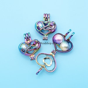 5pcs Openable Love Heart Shape Rose Flower Pearl Cage, Lava Stone Charms Diffuser Pendant, Essential Oil Diffuser Scented Jewelry Necklace