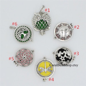 Peut inclure: Six pendentifs en métal argenté numérotés de 1 à 6. Le n°1 est un hibou avec une incrustation verte, le n°2 un symbole yin-yang rouge, le n°3 un motif étoile noir et argent, le n°4 une libellule jaune, le n°5 une spirale rose et le n°6 un arbre vert.