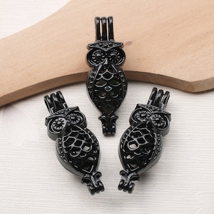 5pcs Black Open Owl Oyster Pearl Cage Pendant Rock Lava Bead Cage Locket Aromatherapy Perfume Essential Oil Scent Diffuser Locket Charms