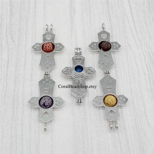 5pcs Floating Religious Cross Cage Pendant Lockets Dull Silver Rock Bead Crystal Pearl Cage Pendant Perfume Diffuser Locket DIY Charms-AL066