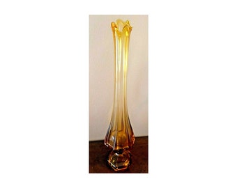 Vintage Large 22"  MCM Viking Epic Column Ribbed Amber Glass Swung Vase