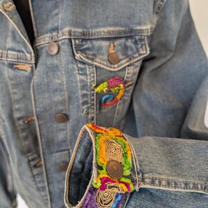 Custom Designed Denim Jacket W/ Colorful Fancy Trim on Collar and Cuffs w/ Chameleon Brooch!