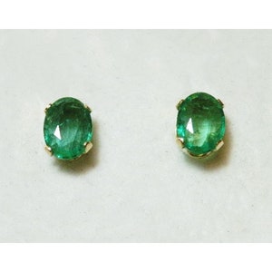 Emerald Earrings - Solid 14k Yellow Gold Genuine Natural Emerald 2 Carat 8x6mm Solitaire Stud Earrings