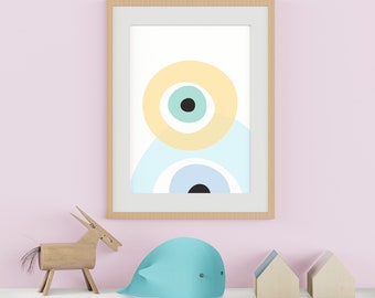 Evil Eye Digital Download Print - Sunny Days, Impression pastel, Art mural de pépinière, Impression de chambre à coucher, Impression minimaliste, Art mural imprimable, Art Nazar