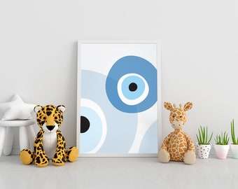 Evil Eye Digital Download Print- Blue Dreams, Nazar Art, Pastel Print, Nursery Wall Art, Bedroom Print, Minimalist Print, Printable Wall Art