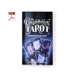 May include: A book titled "The Constellation Tarot Interpretation Guide" with a dark blue cover featuring tarot cards and a starry background. The cover has white lettering and the author's name at the bottom. A PDF icon is in the upper left corner.