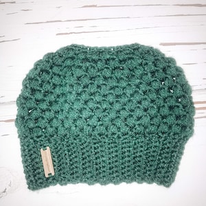 Forest Green Claire Messy Bun Beanie, Winter Accessory, Women&#39;s Hat, Winter Hat, Girlfriend Gift, Stocking Stuffer