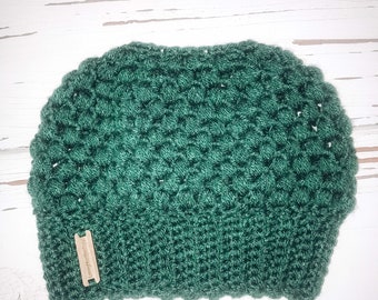 Forest Green Claire Messy Bun Beanie, Winter Accessory, Women's Hat, Winter Hat, Girlfriend Gift, Stocking Stuffer