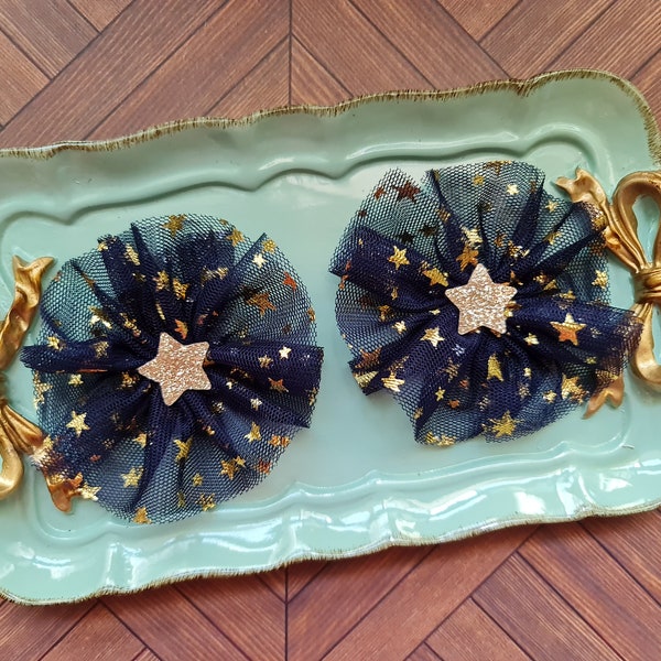 2 x Dog Grooming Bows (Blue Gold Stars Sparkly Tulle Ribbon)