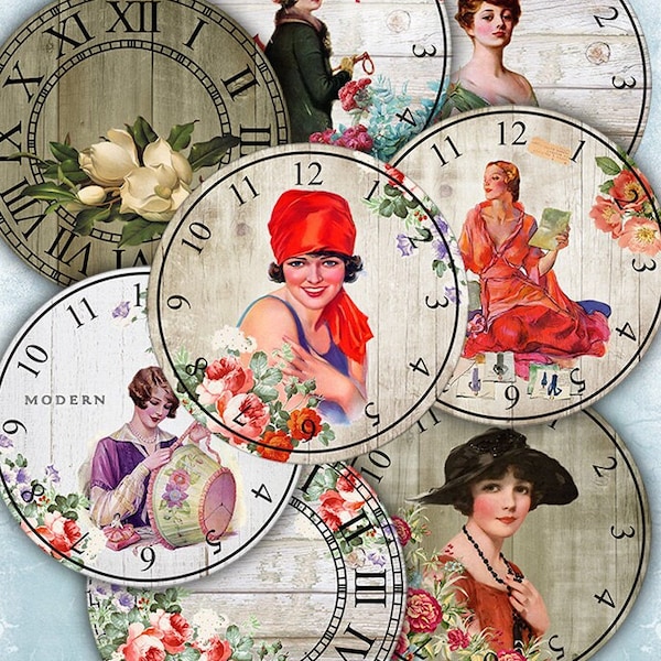 Retro clock face - Digital collage sheet printable digital tags digital retro clock digital image atc card flowers cardmaking