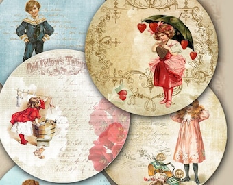 Digital circle Kids & Toys - Printable Collage sheet Digital Download Children Tag Digital Retro Image ATC Card