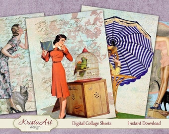 Retro Dreams - Digital Collage Sheet C096 Digital Cards Printable Download Image Tags Digital Atc Card ACEO Retro Cards